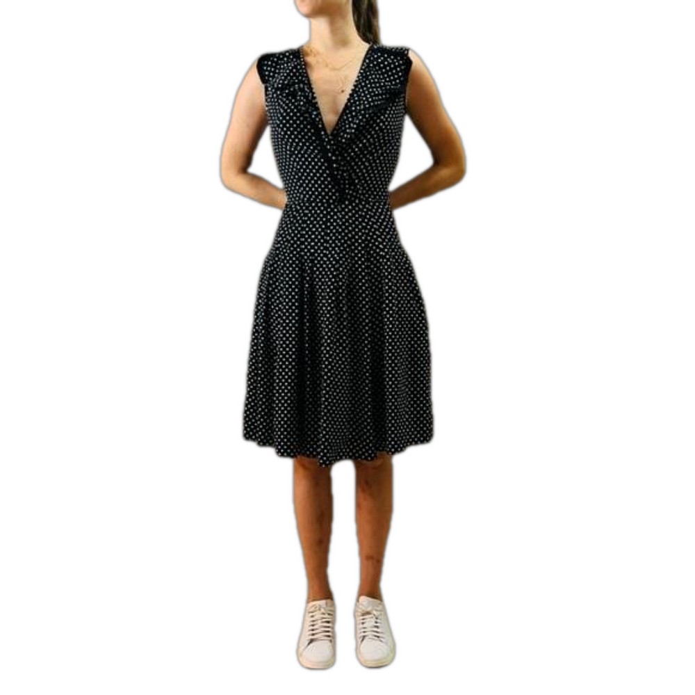 ANNE KLEIN Black White Polka Dots Sleeveless Flared Collar Midi Dress Size S /6